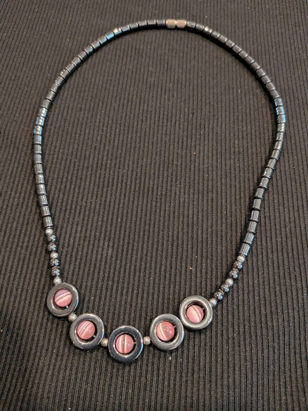 B#4: Hematite Black Beaded Necklace 8" with Pink Accent Discs